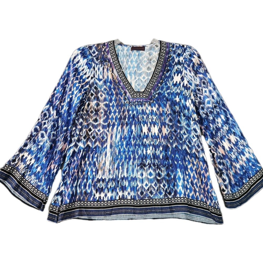 Hale Bob Tunic Small Beaded Embellished V Neck‎ Blouse Top Long Bell Sleeve NWOT